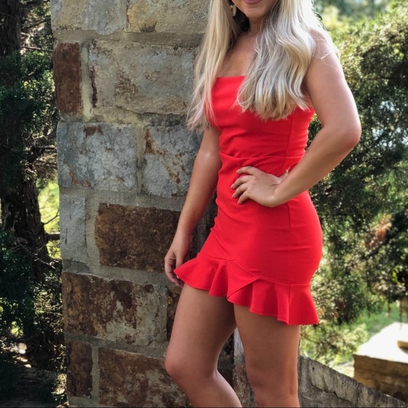 Red orange mini dress with ruffle skirt trim - Picture 4 of 6